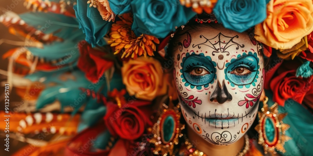 Fototapeta premium Day of the Dead sugar skull makeup with colorful flowers on brown background.