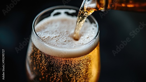 Wallpaper Mural Close-up of lager beer pouring into a glass with a rich foam head, set against a dark background for depth. Torontodigital.ca