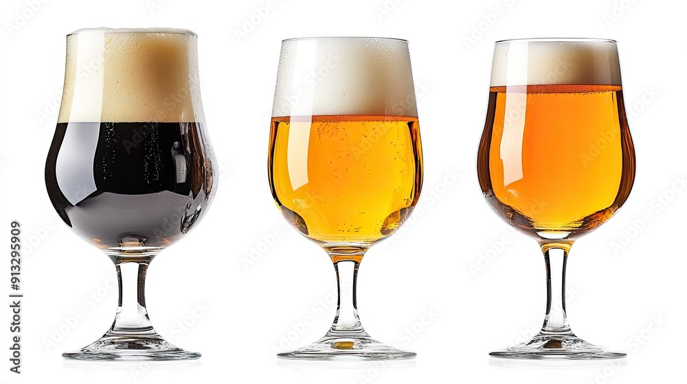 Collection of three unique beer glasses against a white backdrop, with clipping paths to highlight each detail. Collection of three unique beer glasses against a white backdrop, with clipping paths to highlight each detail.