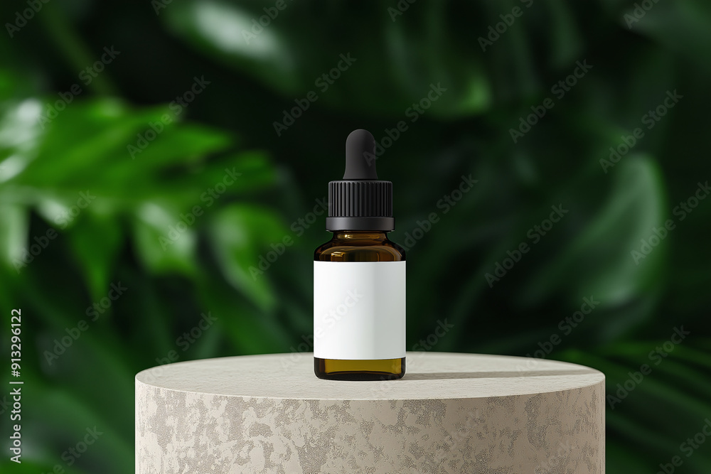 Essential oil dropper bottle mockup on stone pedestal with green background for skincare branding Essential oil dropper bottle mockup on stone pedestal with green background for skincare branding