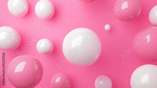 Multiple 3D spheres in pink and white on a pink background, creating a fun and contemporary background with copy space