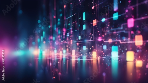 A colorful, abstract image of a cityscape with many different colored squares