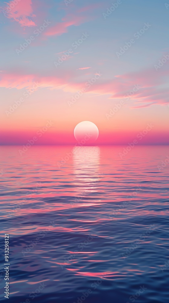 A vibrant sunset casts a warm glow over a calm ocean. Pink and orange hues illuminate the sky and water, creating a serene and beautiful scene. A vibrant sunset casts a warm glow over a calm ocean. Pink and orange hues illuminate the sky and water, creating a serene and beautiful scene.