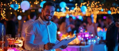 Event Planner at Party, Man Holding Clipboard in Vibrant Party Setting, Festive Atmosphere.
