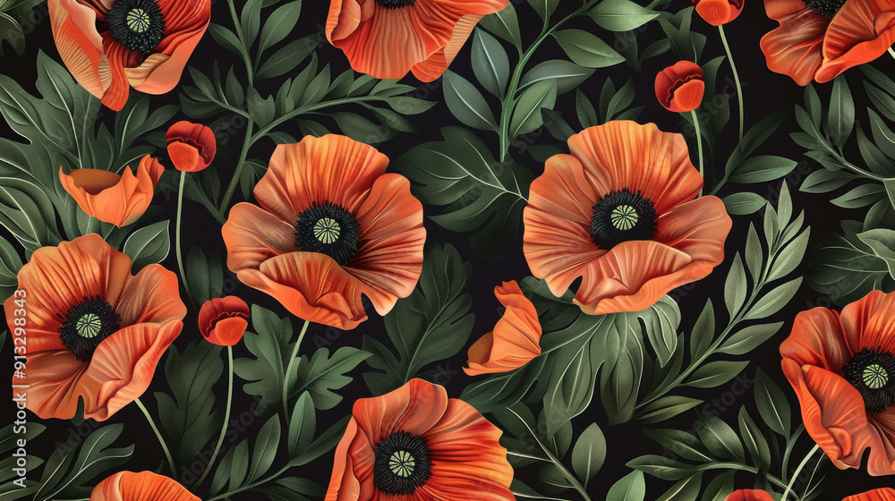 Floral pattern with poppies and leaves Floral pattern with poppies and leaves