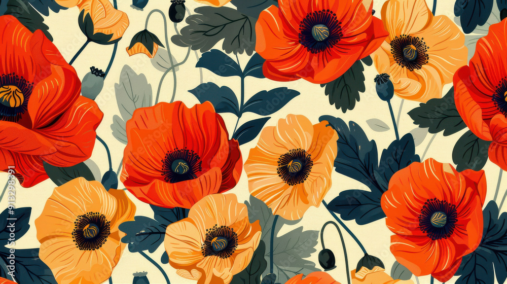 Floral pattern with poppies and leaves Floral pattern with poppies and leaves