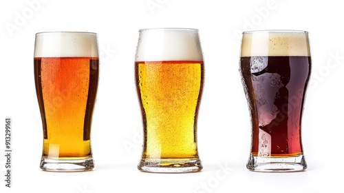 Three types of beer glasses arranged on a white background, featuring clipping paths for precise, clean images.