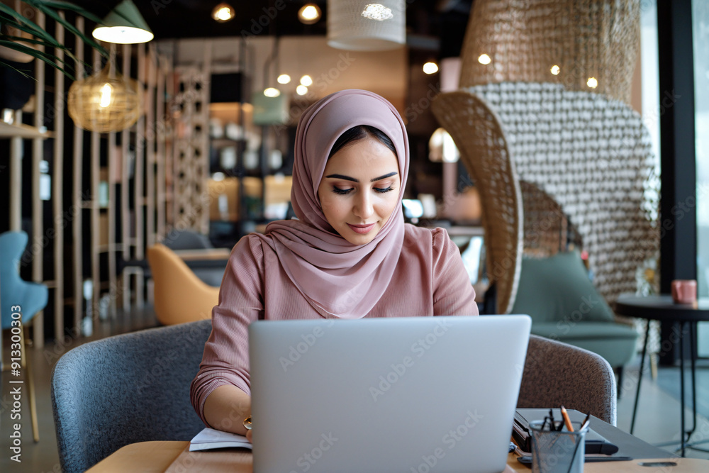 Casual photo of a Middle-Eastern woman blogging in a trendy co-working space Casual photo of a Middle-Eastern woman blogging in a trendy co-working space