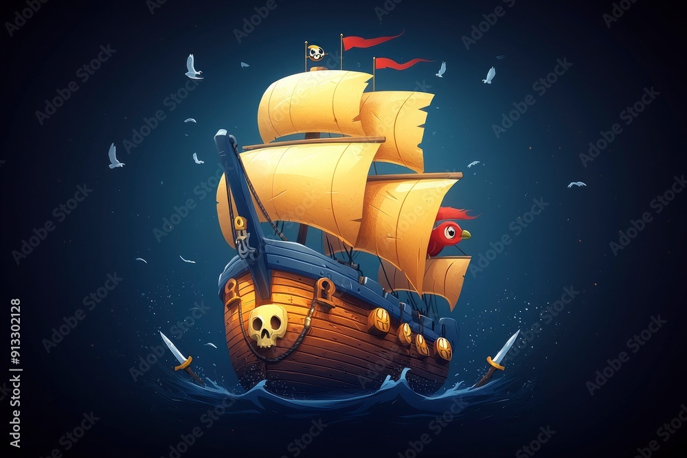 Naklejka premium Cartoon Pirate Ship Sailing on the Ocean