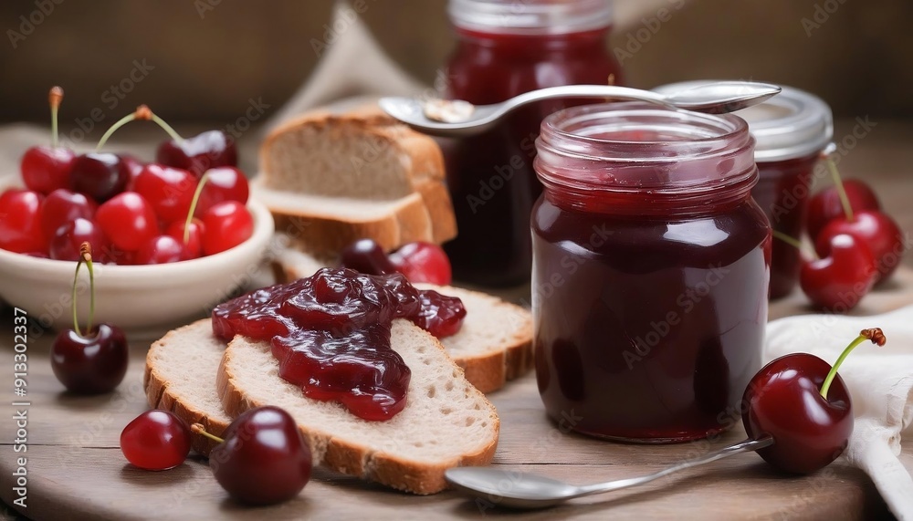 healthy cherry fruit jam in a glass jar on a wooden table with spoon and a whole grain bread for nutritious dessert vegan meal, illustration created with generative ai. healthy cherry fruit jam in a glass jar on a wooden table with spoon and a whole grain bread for nutritious dessert vegan meal, illustration created with generative ai.