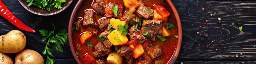 Goulash Soup with Beef Sweet Pepper and Potatoes Stew of Meat and Vegetables Infused with Paprika a Delight of Hungarian Cuisine Goulash Soup with Beef Sweet Pepper and Potatoes Stew of Meat and Vegetables Infused with Paprika a Delight of Hungarian Cuisine