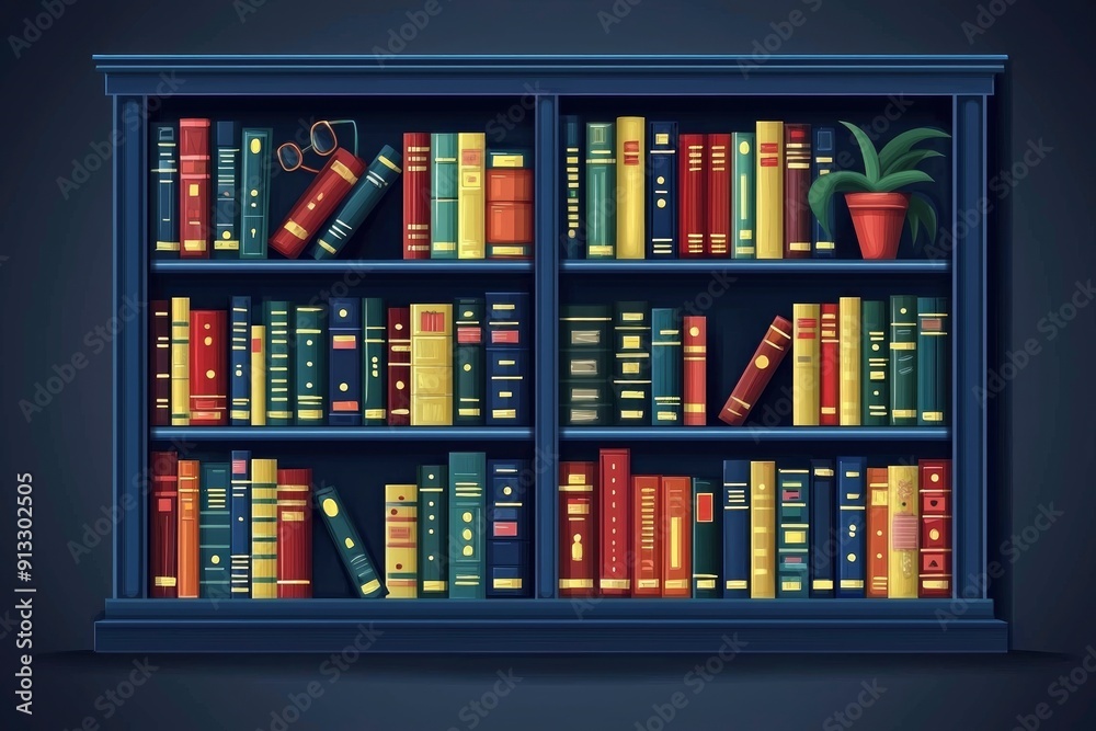 Full Bookshelf with Colorful Books and a Plant Full Bookshelf with Colorful Books and a Plant