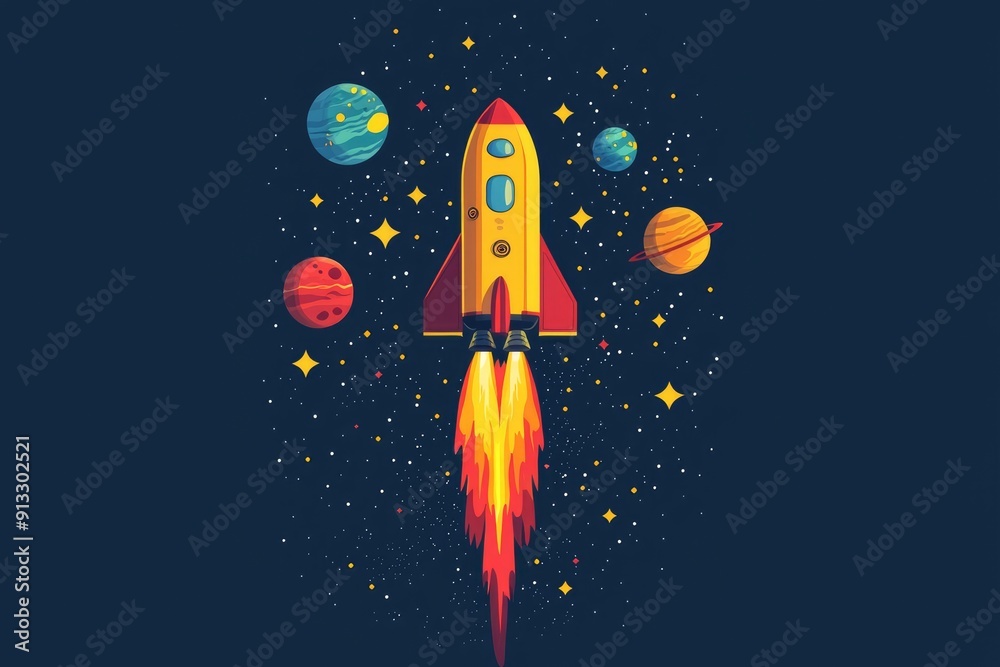 Rocket Ship Launching into Space with Planets and Stars Rocket Ship Launching into Space with Planets and Stars