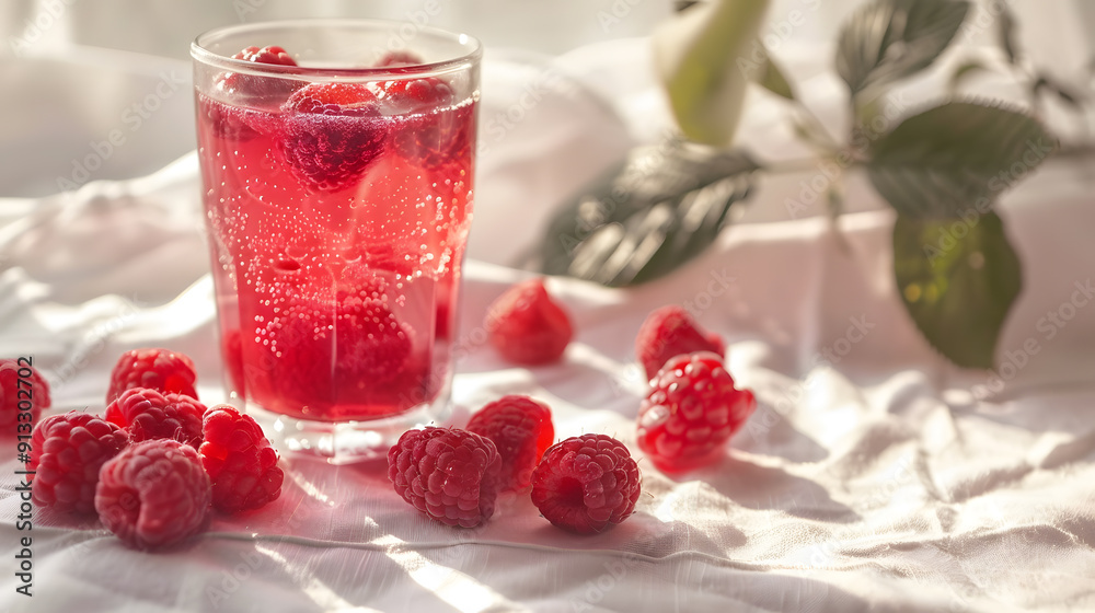 A glass of red liquid with a bunch of raspberries on a table A glass of red liquid with a bunch of raspberries on a table