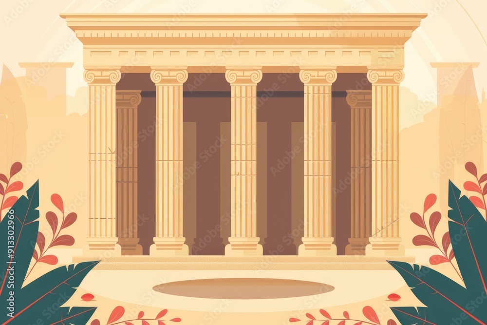 Fototapeta premium A building with ornate columns surrounded by lush greenery