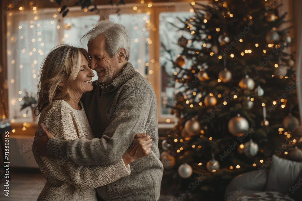 Happy elderly couple hugging and smiling in a cozy home with a Christmas tree with lights. Merry Christmas, Happy New Year Happy elderly couple hugging and smiling in a cozy home with a Christmas tree with lights. Merry Christmas, Happy New Year