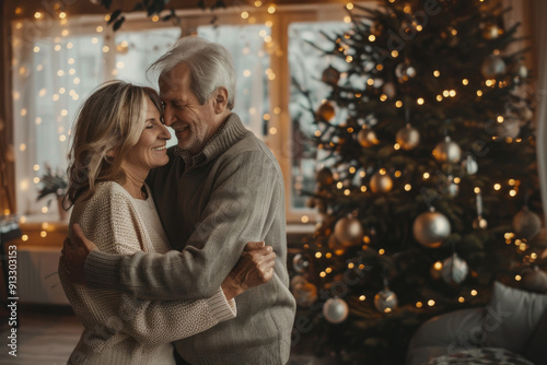 Happy elderly couple hugging and smiling in a cozy home with a Christmas tree with lights. Merry Christmas, Happy New Year