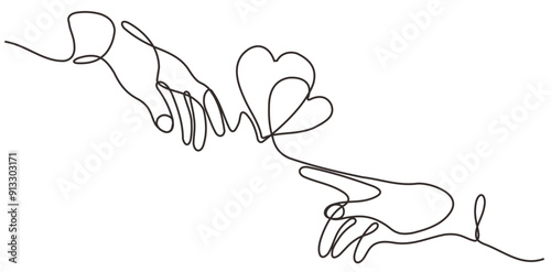 Continuous line vector illustration of two hands with heart barely touching one another. Simple sketch of two hands made of one line, love concept