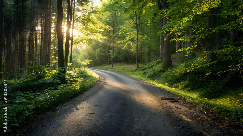 Naklejka premium A forest road with trees on both sides