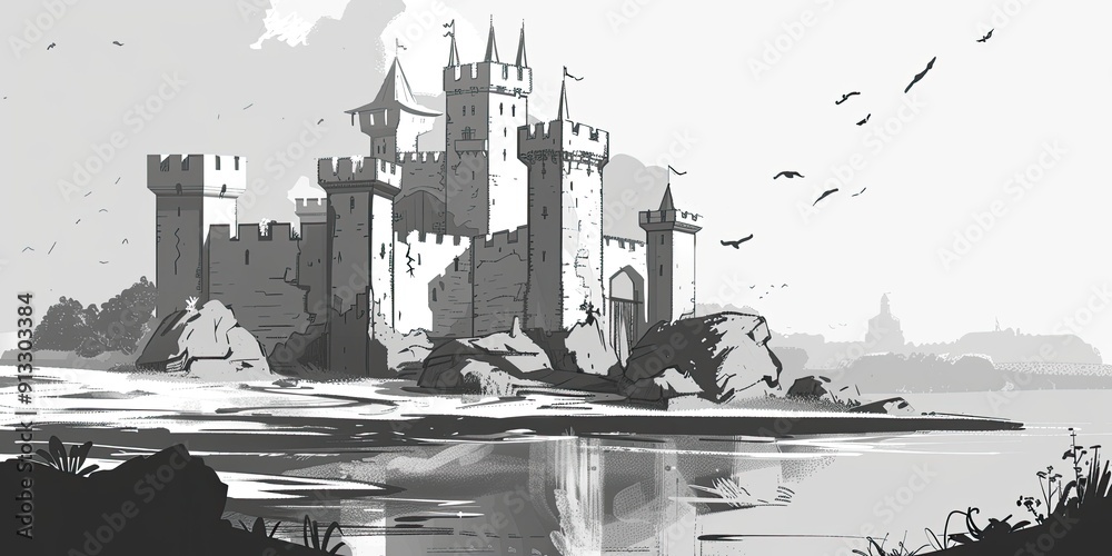 Obraz premium Distant Castle with Dramatic Sky in Black and White