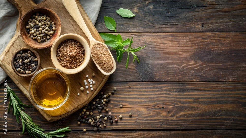Assorted spices and herbs on wooden surface Assorted spices and herbs on wooden surface
