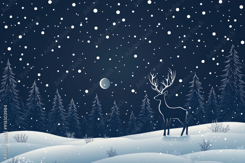 Naklejka premium Silhouette of a Reindeer in a Snowy Winter Forest Landscape