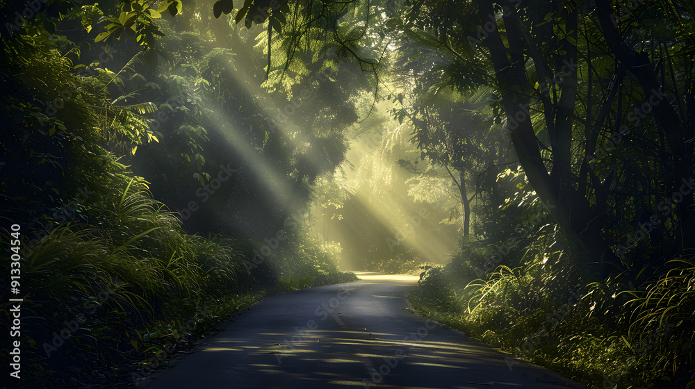A forest path with a road running through it A forest path with a road running through it