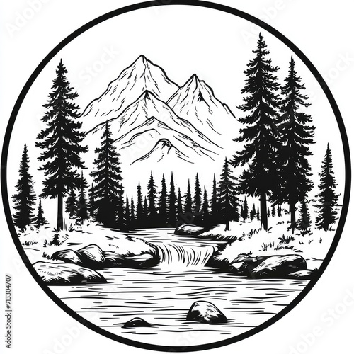 Mountain River Landscape in Circle