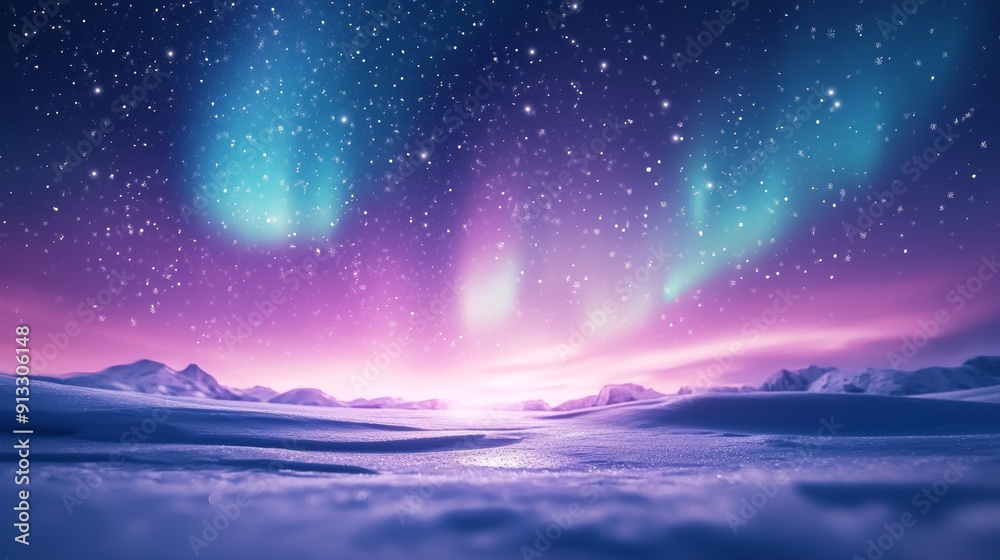 Obraz premium Soft gradient background of snowflakes falling gently against a backdrop of the Northern Lights, creating a serene winter scene