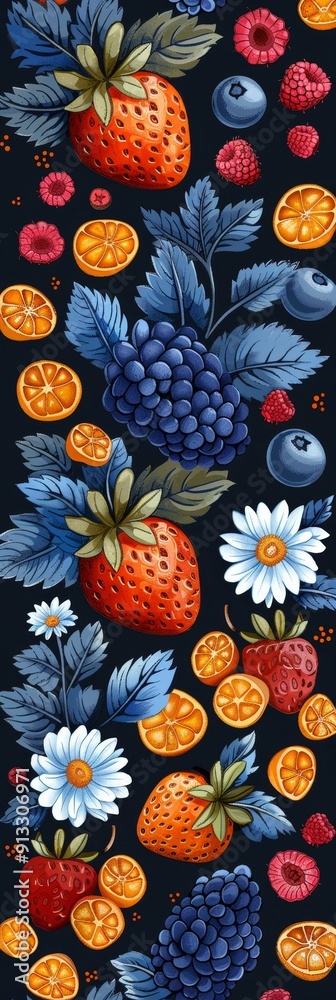 Elegant Abstract Fruit Pattern With Berries and Citrus Against a Dark Background Elegant Abstract Fruit Pattern With Berries and Citrus Against a Dark Background
