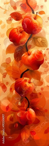 Elegant Abstract Fruit Arrangement With Vibrant Red Apples and Autumn Leaves