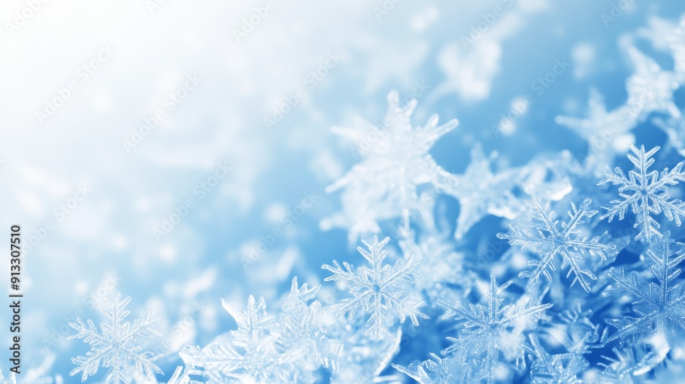 A minimalist background featuring delicate snowflakes scattered across a gradient blue and white backdrop A minimalist background featuring delicate snowflakes scattered across a gradient blue and white backdrop