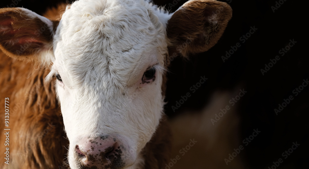 Hereford calf cow on farm closeup of cute face of breed. Agriculture ...