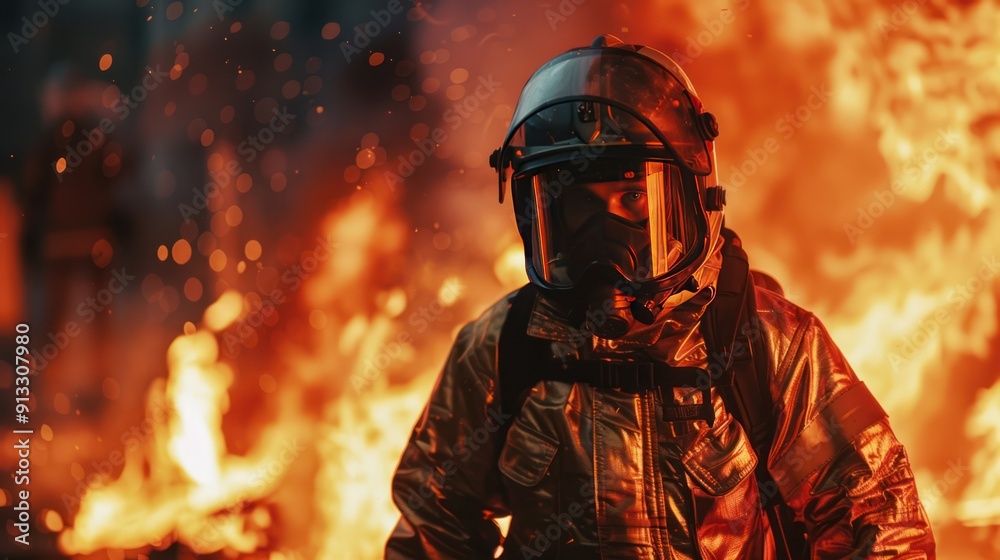 Firefighter in Protective Gear Facing Blaze Firefighter in Protective Gear Facing Blaze