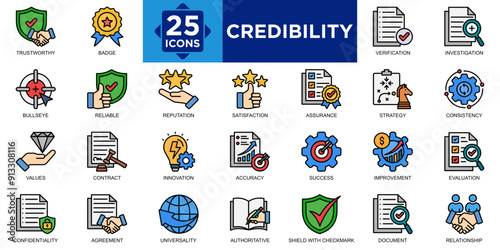 credibility, trust, success, business, confidence, concept icon set. Outline icons collection. Simple vector illustration	