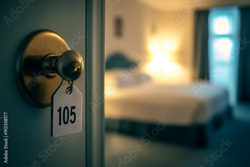 A close-up of a hotel room door with a key card holder that says 105. The room is out of focus, with a white bed and a window in the background.