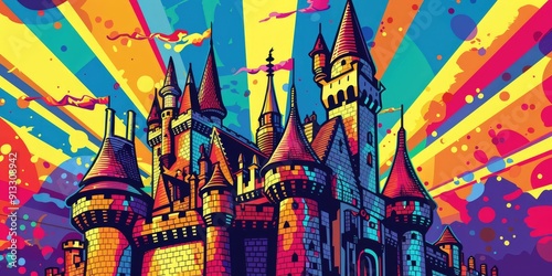 Vibrant Castle Illustration with Colorful Beams