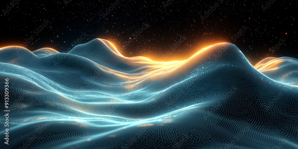 Abstract glowing dots and lines creating a digital landscape on a dark backdrop, embodying the concept of data flow Abstract glowing dots and lines creating a digital landscape on a dark backdrop, embodying the concept of data flow