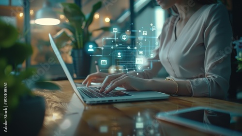 Woman Working on Laptop with Digital Network Interface