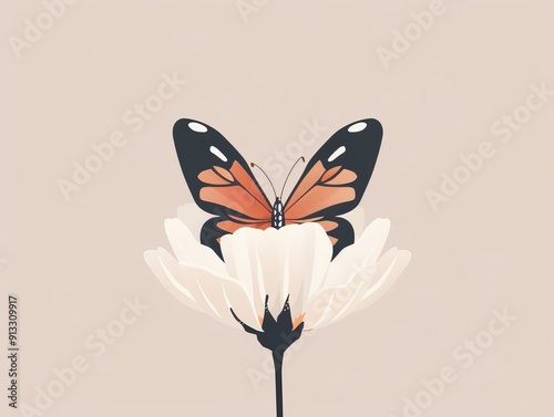 Wallpaper Mural Butterfly on a flower, minimal 2D vector illustration, basic and clean lines, simplistic and clear design, neutral tones Torontodigital.ca