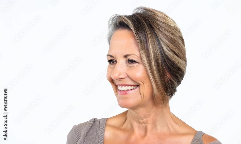 Lifestyle portrait video of a pleased woman in her 40s that is placed against a white background Lifestyle portrait video of a pleased woman in her 40s that is placed against a white background