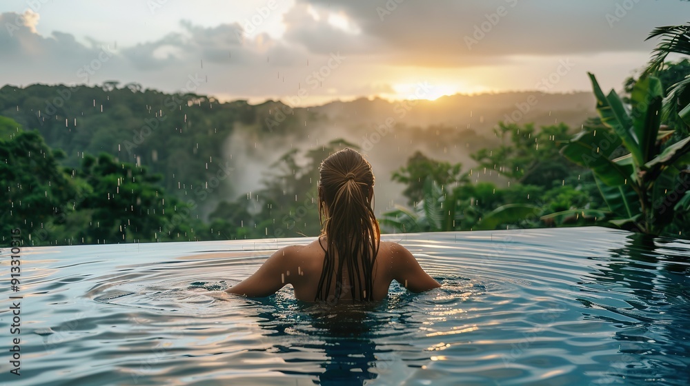 Happy Woman in Infinity Pool, Enjoying Warm Tropical Rain Happy Woman in Infinity Pool, Enjoying Warm Tropical Rain
