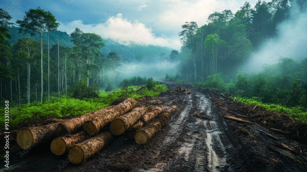 Stacked logs rest on muddy ground as mist surrounds tall trees in a tranquil forest setting during early morning. Stacked logs rest on muddy ground as mist surrounds tall trees in a tranquil forest setting during early morning.
