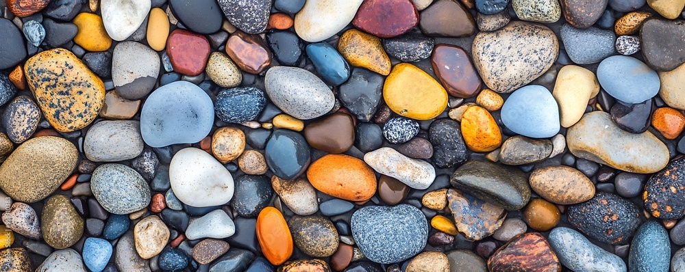 A close-up shot of a variety of smooth, round stones in various colors and textures. Some stones have a shiny, wet appearance. A close-up shot of a variety of smooth, round stones in various colors and textures. Some stones have a shiny, wet appearance.