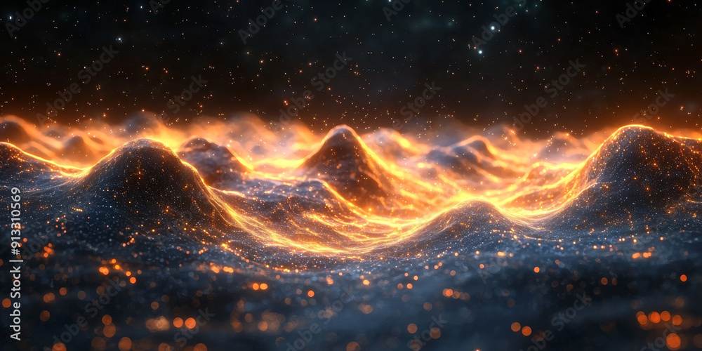 Abstract glowing dots and lines creating a digital landscape on a dark backdrop, embodying the concept of data flow Abstract glowing dots and lines creating a digital landscape on a dark backdrop, embodying the concept of data flow