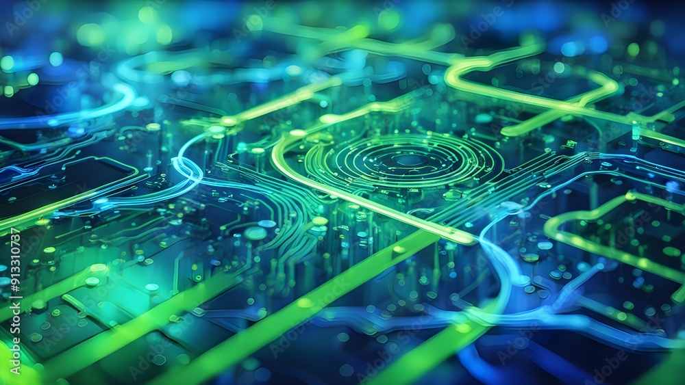 A computer chip with green and blue lines A computer chip with green and blue lines