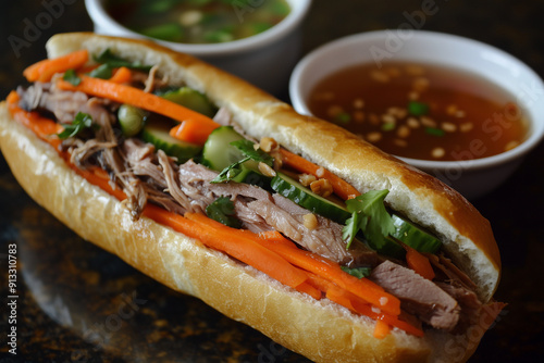 Roasted Duck Banh Mi with Hoisin Sauce, Cucumber, and Fresh Herbs