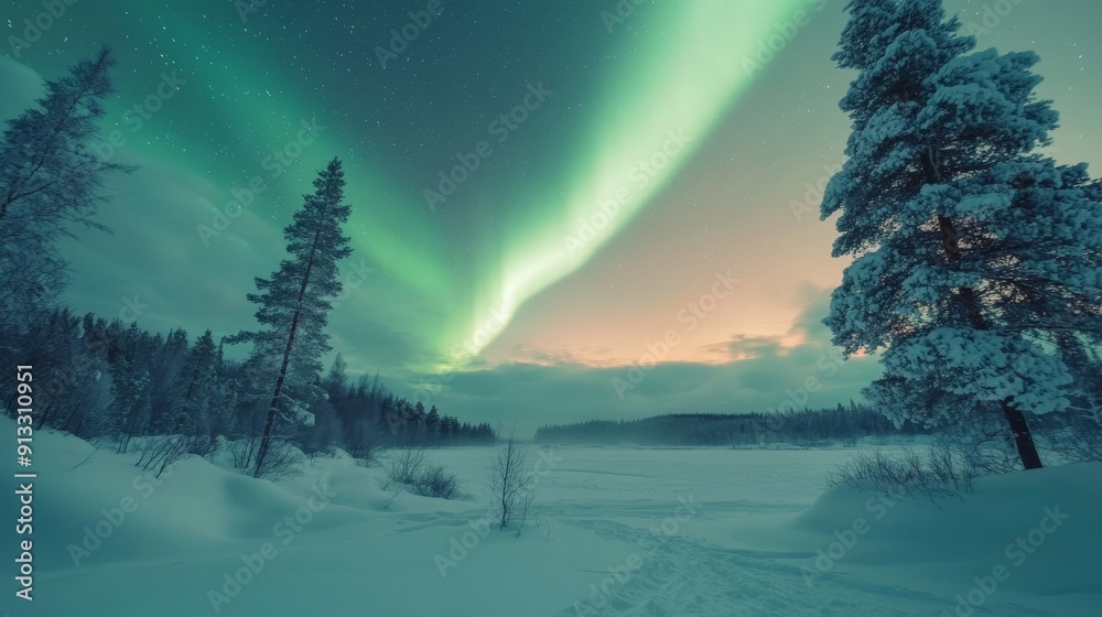 Εκτύπωση καμβά A panoramic view of a snowy landscape under the vibrant display of the Northern