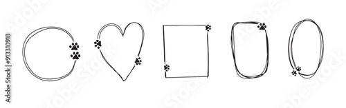 pet footprint frame.Dog Paw frames, Black Dog Paw silhouettes. Hand drawn outline circle, heart, square boarder with cute animal steps. Adopted animal.