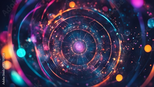 A colorful, swirling galaxy with a bright purple center